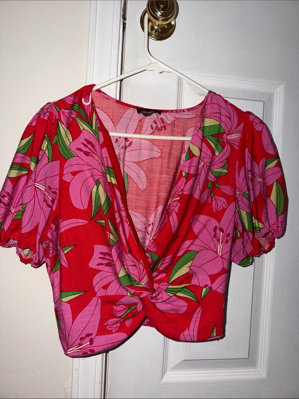 Lulumari Red and Pink Floral Twist-Front Crop Top